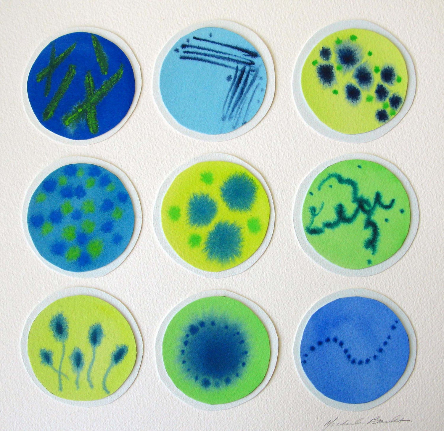 Blue Green Petri Dishes 2 - original watercolor collage