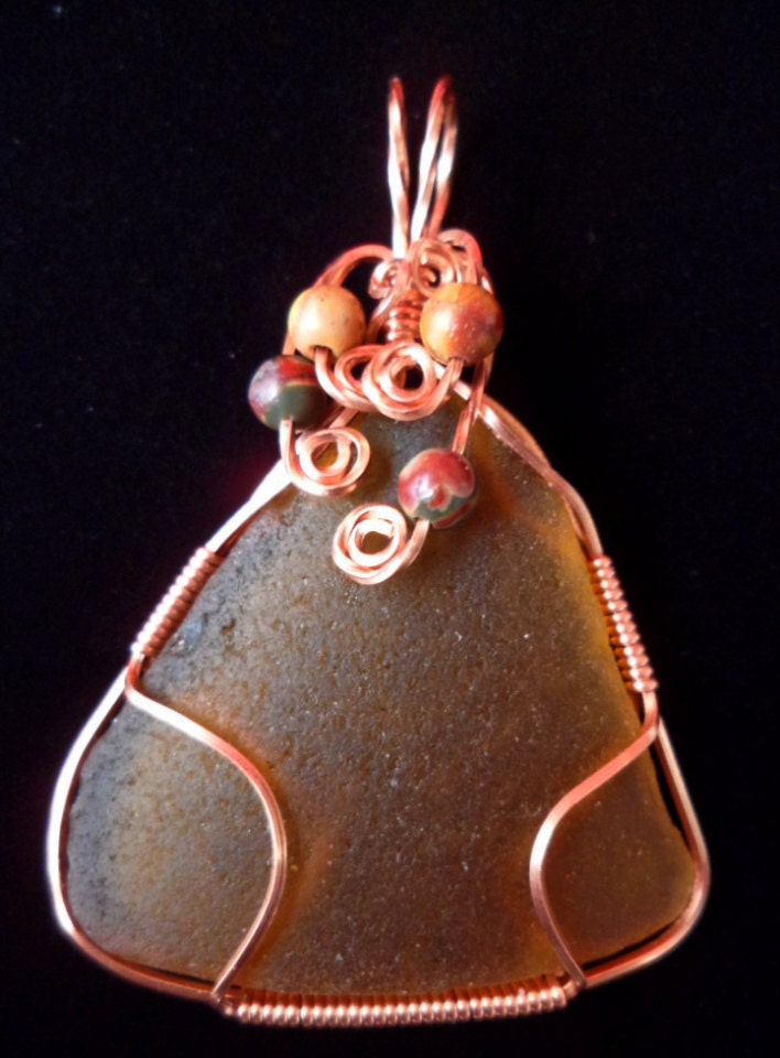 Copper Wire Wrapped Authentic Amber Beach Glass Pendant
