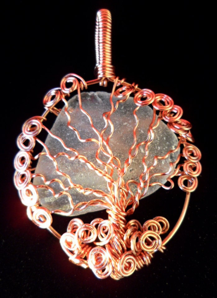 Copper Wire Wrapped Tree of Life with Authentic White Beach Glass Pendant
