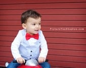 Bow Tie and Vest Long Sleeved Onesie - Southern Gentleman - Boutique Baby Boy Clothes - Seersucker and Red Bowtie