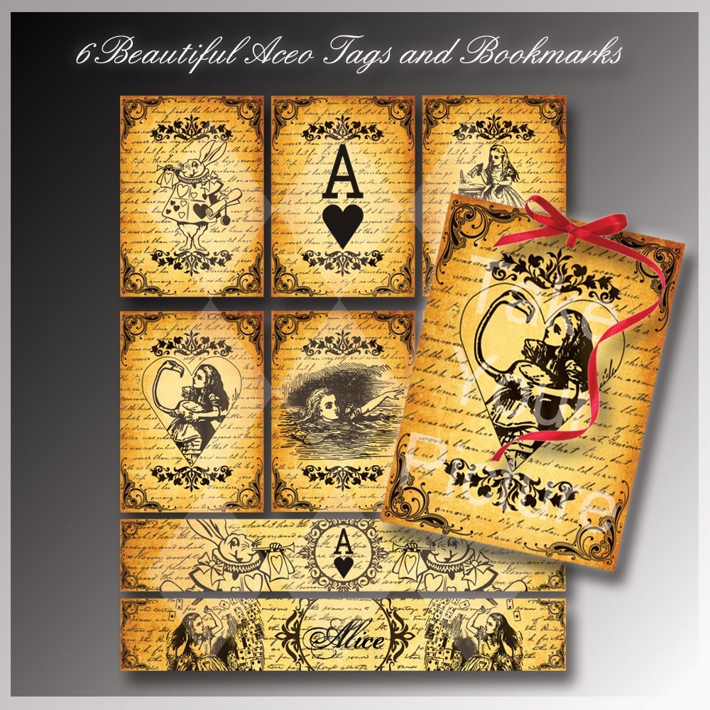 Beautiful Vintage Alice in Wonderland Aceo Tags and Bookmarks - Digital Collage Sheet, Download and Print -2,5x3,5