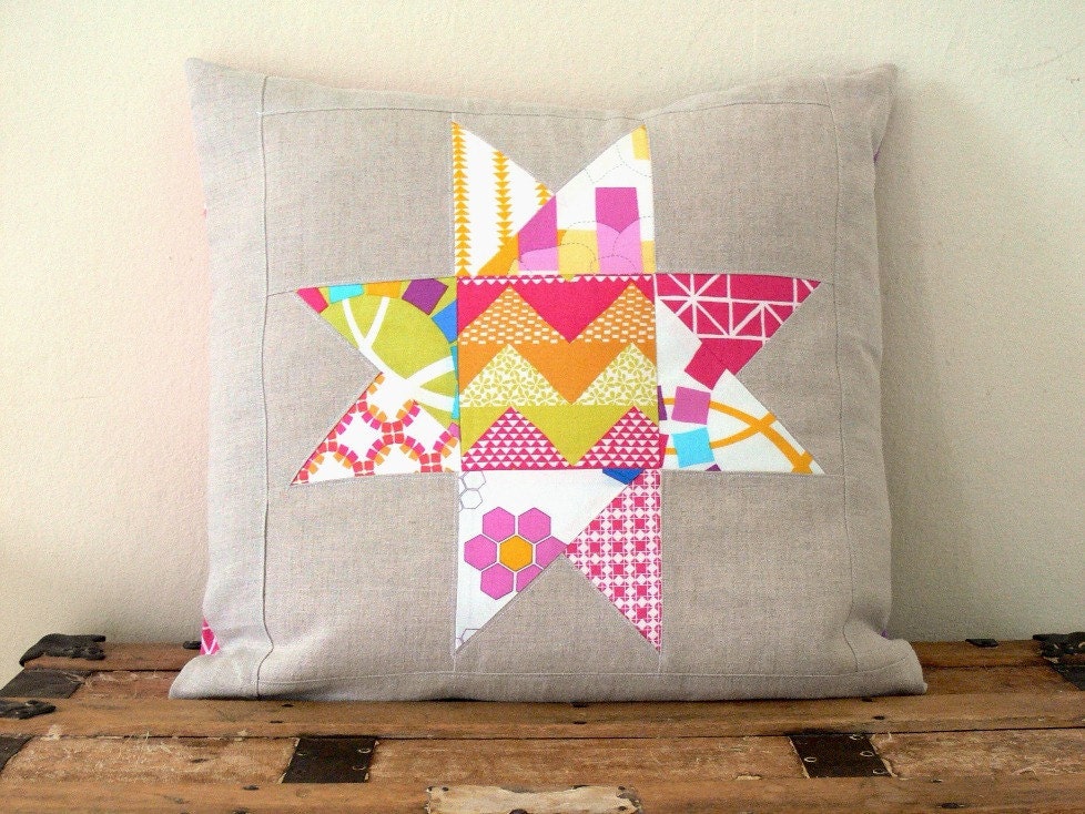 Quilted Star Pillow Cover - Fuchsia, Purple and Natural Linen