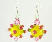 Glass Bead Earrings, Yellow Lampwork Earrings, Fuchsia Dangle Earrings, Lampwork Jewelry, Pink Beaded Drop Earrings, Beadwork Earrings