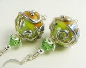 Dark Yellow Lampwork Earrings, Green Glass Bead Earrings, Dangle Earrings, Beadwork Earrings, Lampwork Jewelry, Beaded Earrings