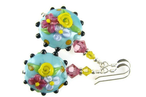 Turquoise Dangle Earrings, Colorful Glass Bead Earrings, Flower Lampwork Earrings, Beadwork Earrings, Lampwork Jewelry