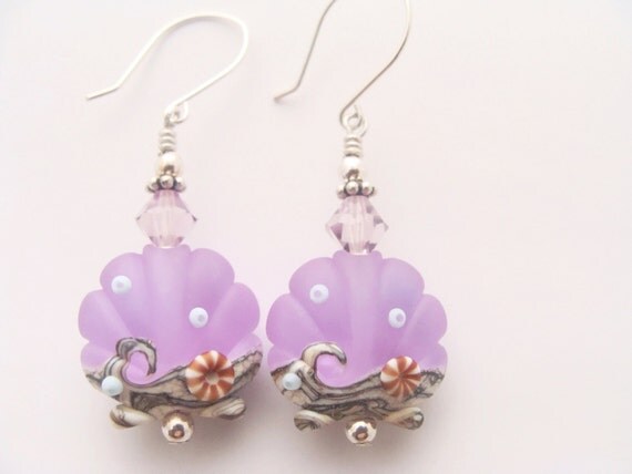 Seashell Lampwork Earrings, Lavender Dangle Earrings, Glass Bead Earrings, Lampwork Jewelry, Beaded Earrings, Scallop Earrings