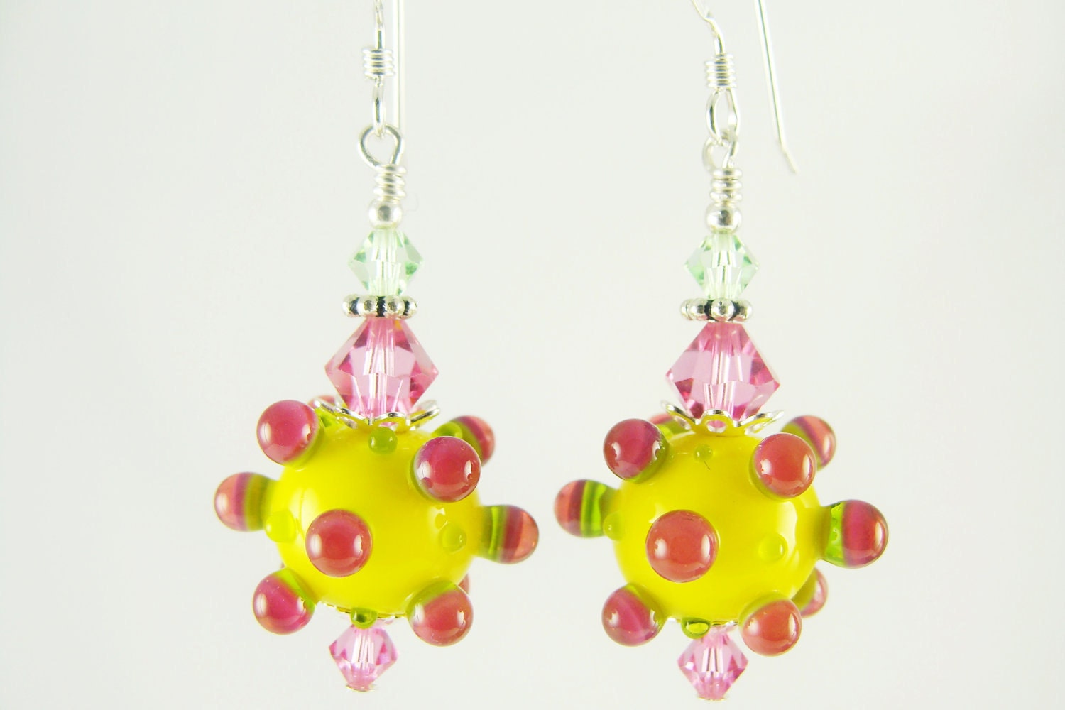 Glass Bead Earrings, Yellow Lampwork Earrings, Fuchsia Dangle Earrings, Lampwork Jewelry, Pink Beaded Drop Earrings, Beadwork Earrings