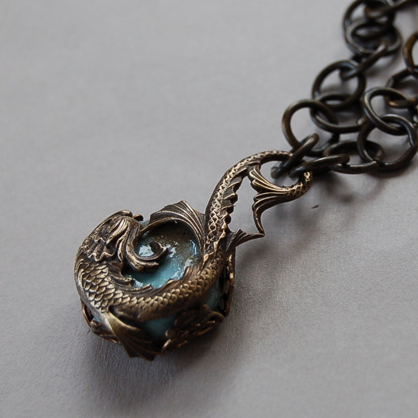 Ceramic and Dolphin, Aged Brass Pendant Necklace: Dolphin Tales