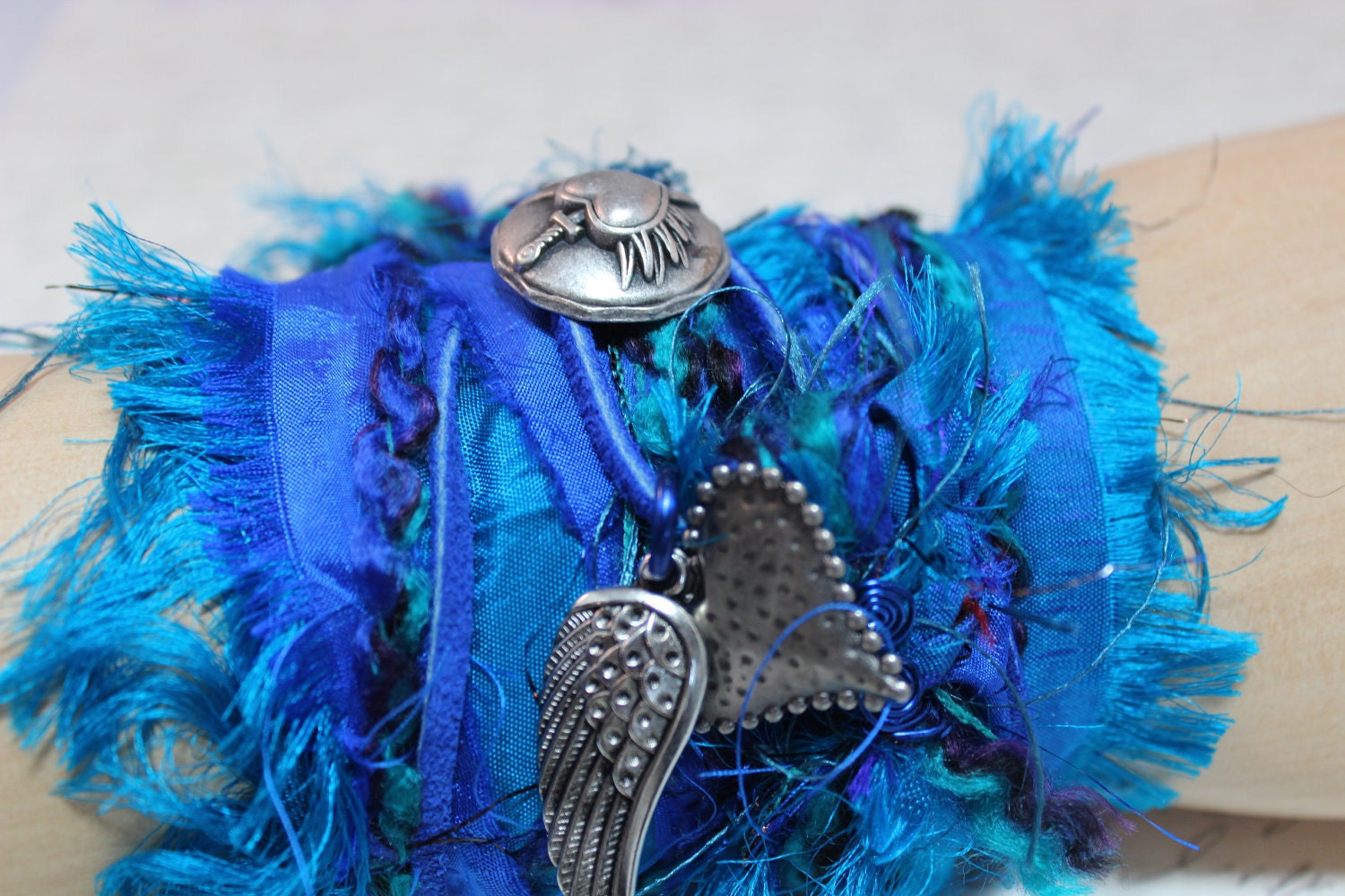 Shades of Royal Blue/Teal Fiber wrap cuff/necklace - suede, recycled sari silk, silk dupioni, and yarn