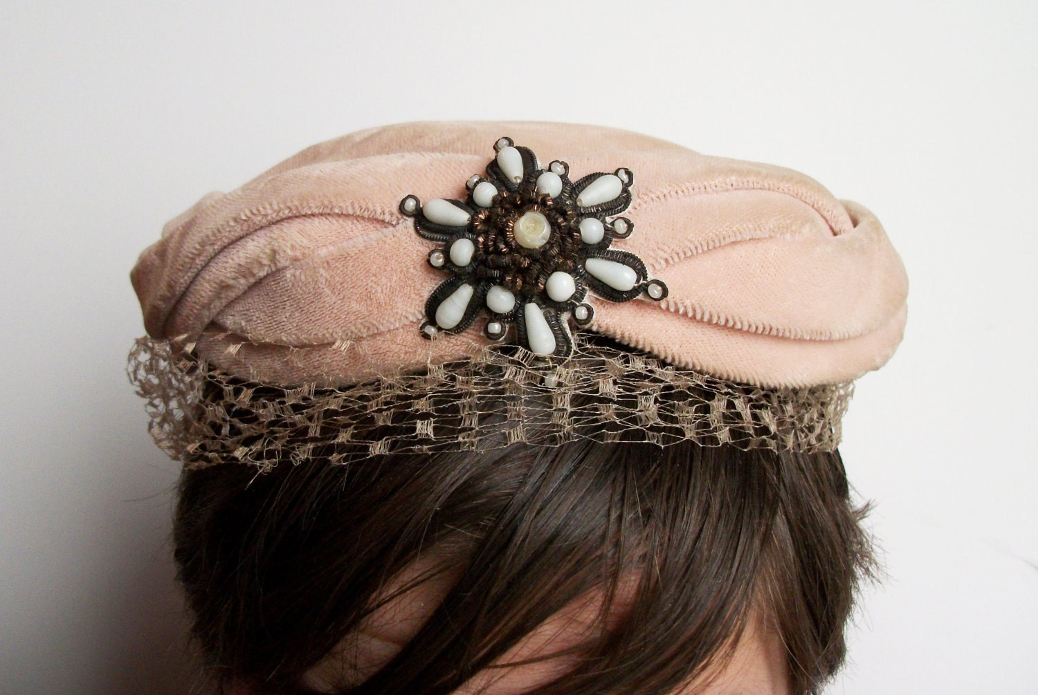 Vintage Blush Velvet Hat with Metal and Bead Embellishment