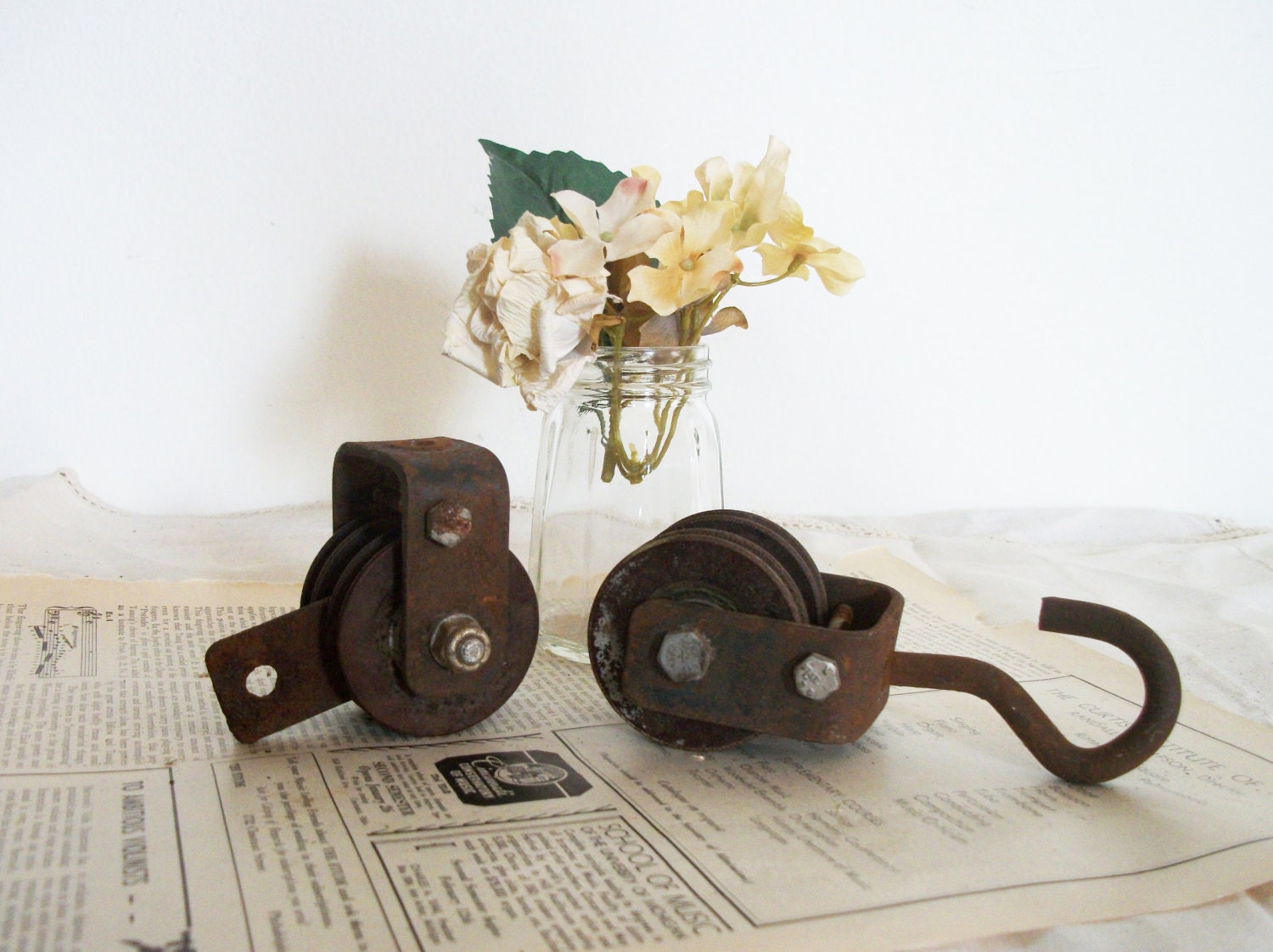 Two Small Rusty Pulleys- Rustic Wedding/ Party Décor Centerpiece - Vintage Home Decor