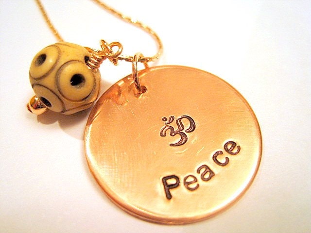 Hand Stamped Om Disc Copper Peace with Old Tibet Prayer Bead Statement Necklace