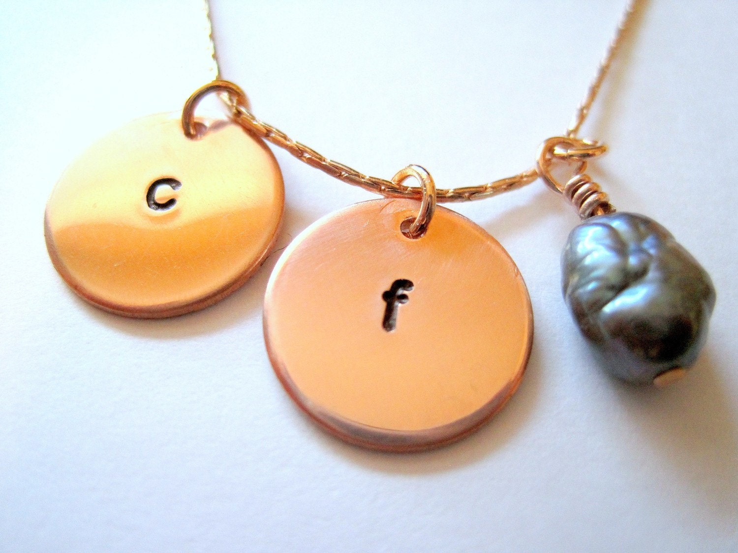 Copper Initial Personalized Discs with Black Freshwater Pearl Statement Necklace- Hand stamped