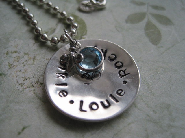 Mothers Necklace Sterling Silver - Name Hand Stamped -Om Yoga Fleur De Lis - Personalized-Swarovski Crystal Birthstone