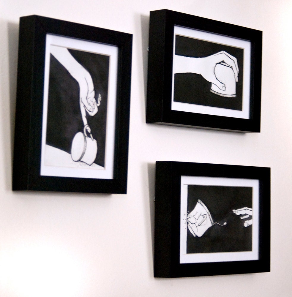 EmpTea - series of three framed original art works - teacups and hands - India ink - black and white illustration - tea - Amber Hawkinson