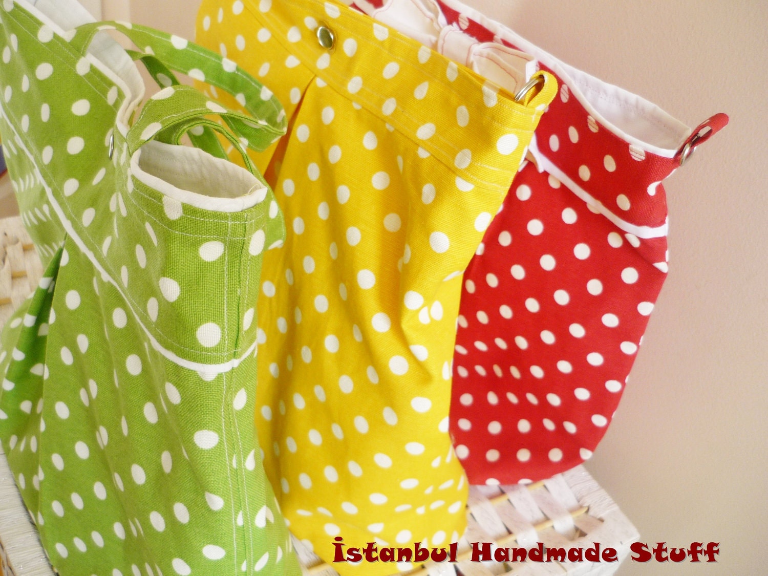 Lime Green with White Polka Dots Medium Handbag / Diaper bag / Shoulder Bag / Cross body bag / Travel Bag with adjustable strap