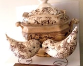 French Country Brown Transferware Toile Fabric Pr. of  Love Birds Cake Toppers Weddings Showers Nursery Decor