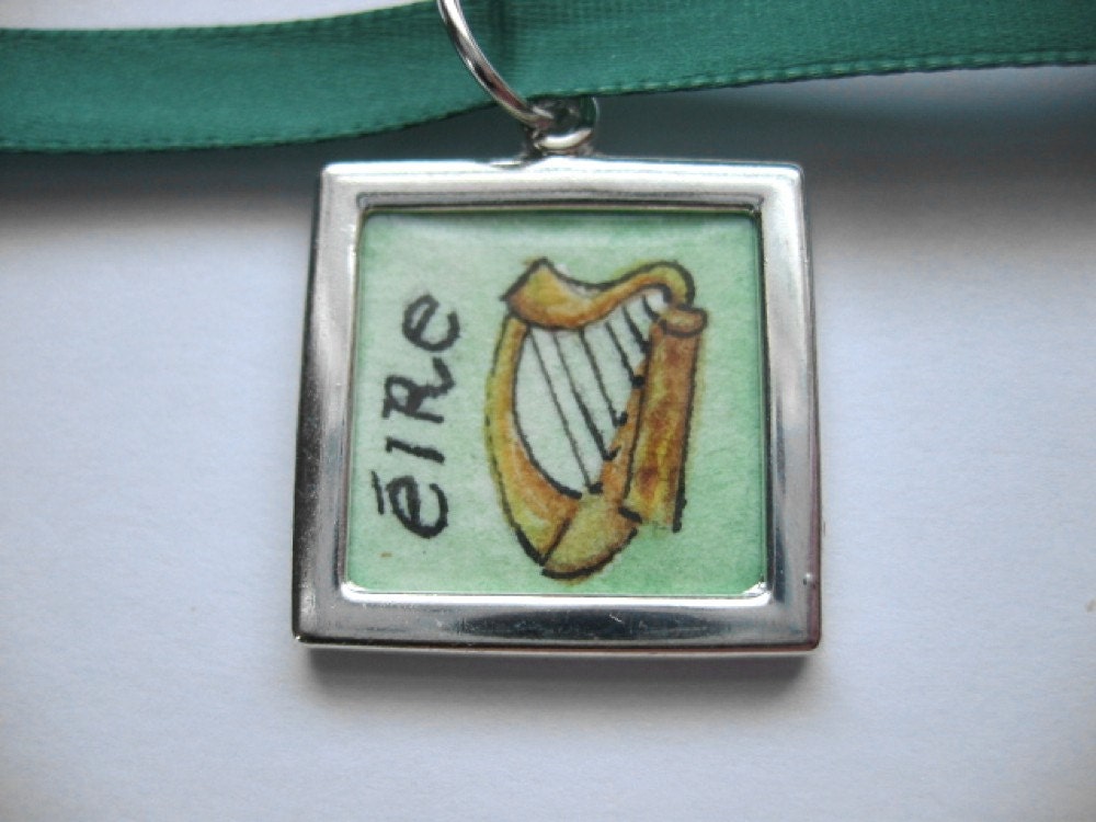 Harp Irish charm necklace original watercolor miniature painting