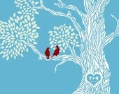 Mother's Day gift ,Personalized Wedding Gift - 1st Paper Anniversary Gift-- Personalized Family Tree with love birds -- Heart