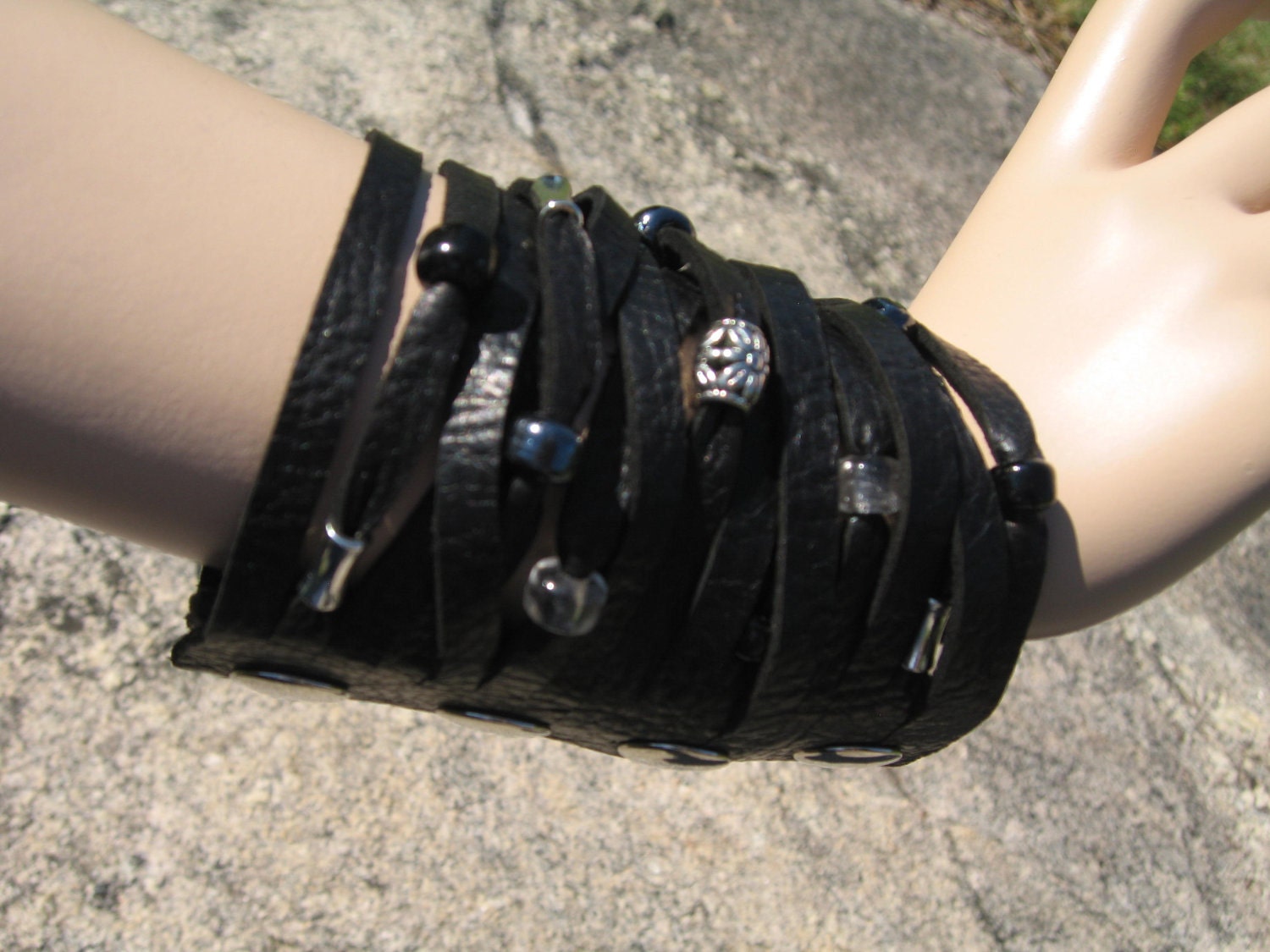 Wide Black Leather Cuff Bracelet, Urban Sliced Fringe Wrist Wrap Jewelry by Vacationhouse