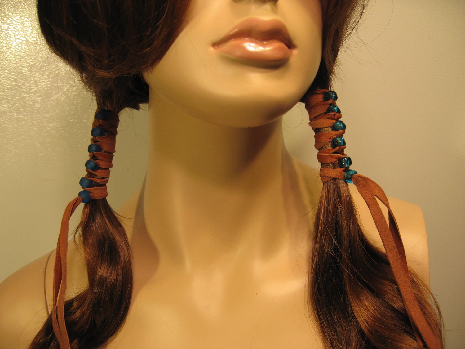 2 Brown Leather Hair Wrap with Blue Glass Beads