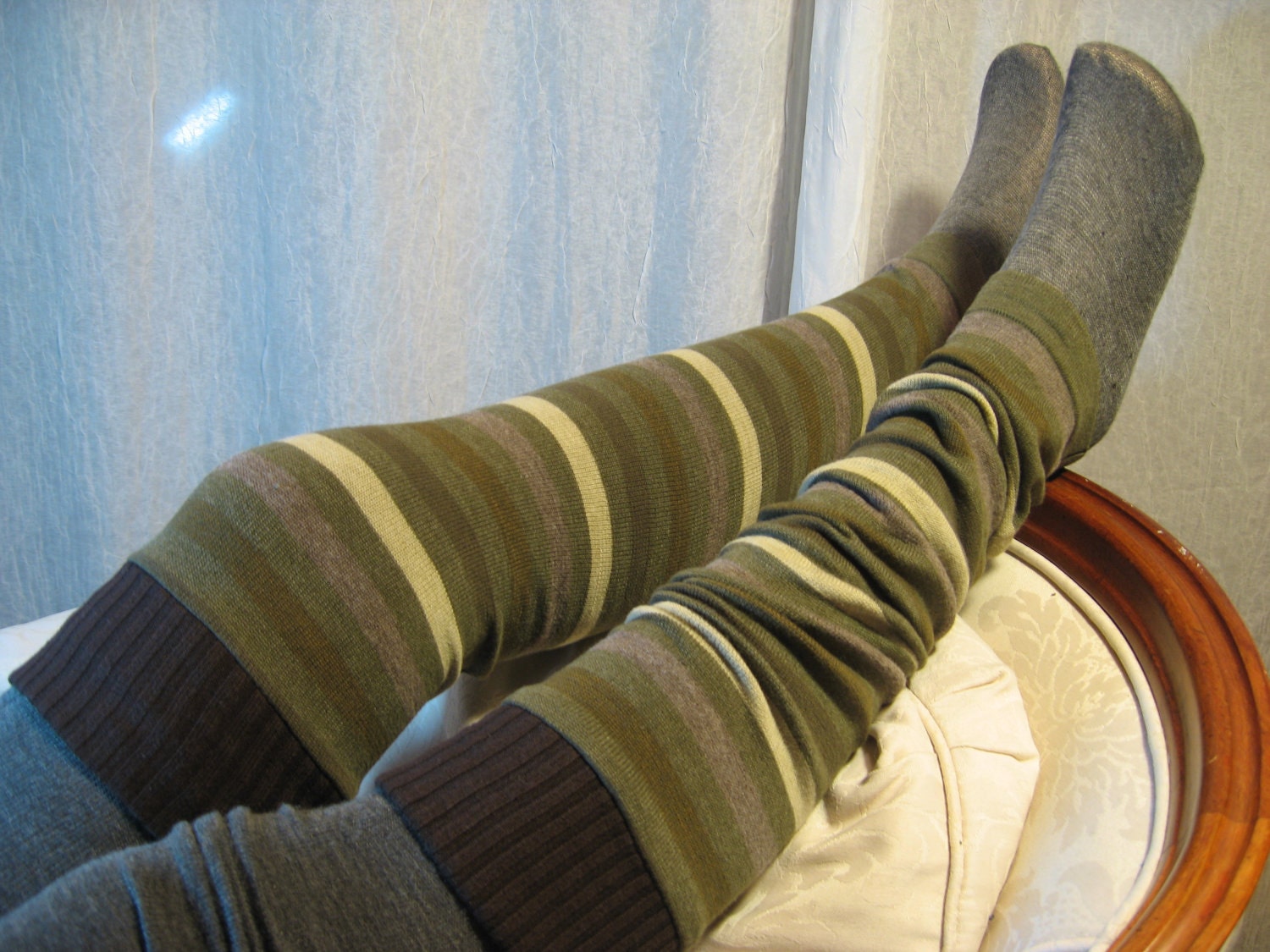 Thigh High Over the Knee Leg Warmers, Footless Boot Socks Olive Green Strip B659
