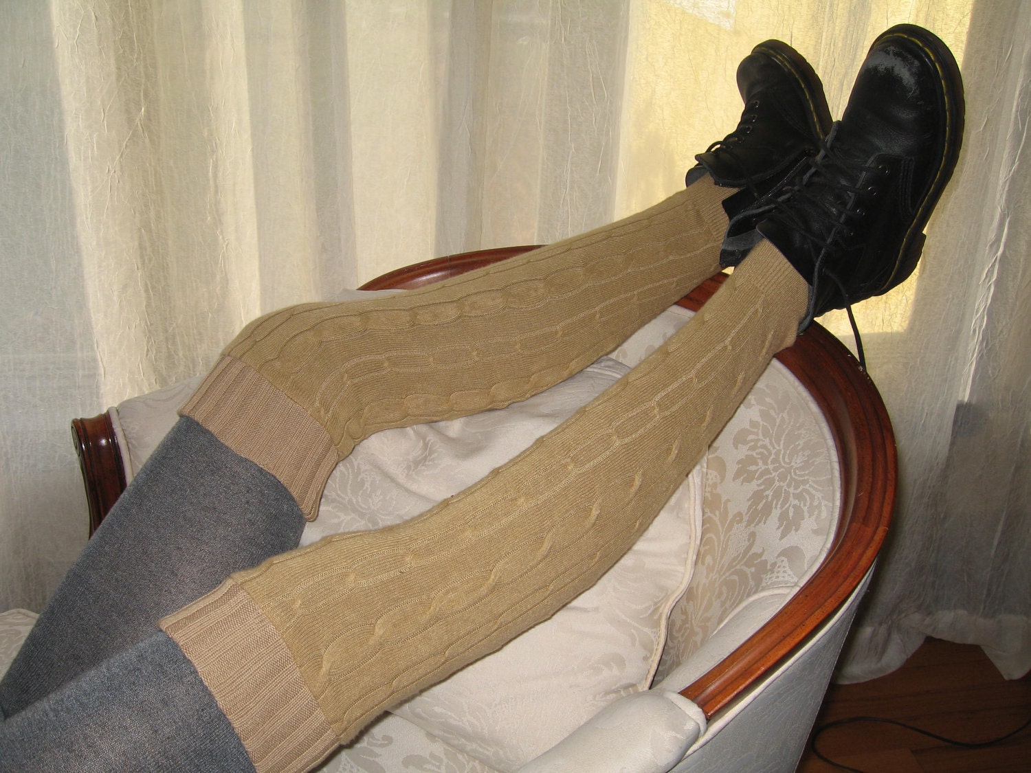 Cable Over the Knee Thigh High Leg Warmers, Footless Boot Socks Camel Tan B621