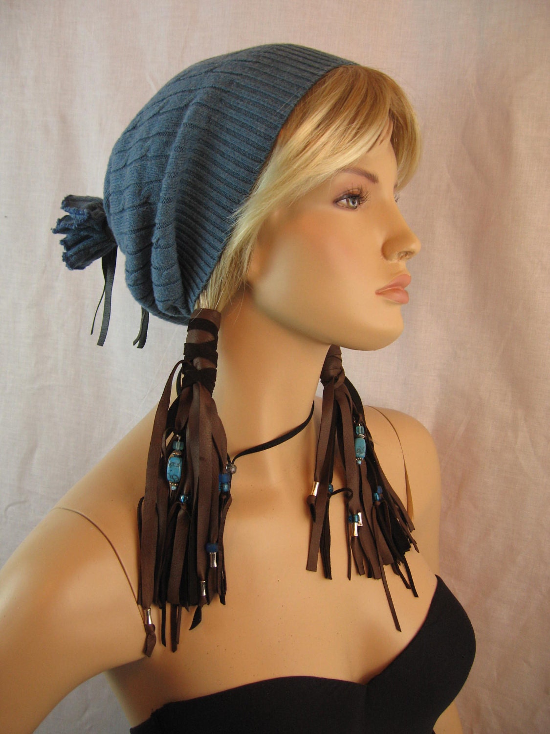 2 Hair Wrap Extensions, Brown Leather Ponytail Holder , BOHO Beaded Feather Hair Jewelry