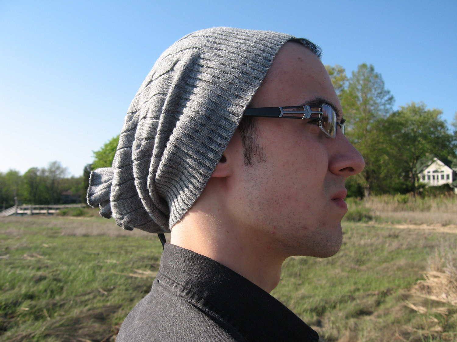 Men's Urban Slouchy Beanie Hat, Cable knit Grey Oversized Tam