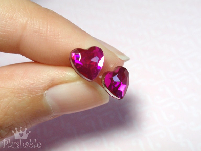 Hot Pink heart earrings, heart stud earrings Valentines Day