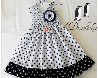 White and  Navy Blue polka-dot dress for little girls-Size 2T.Spring and summar dress.(Available in size 6 month to 6 years)