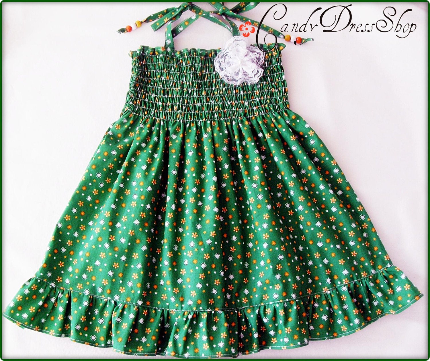 Patterned Green Candy Dress for 3T-4T- decorated with wooden beads (Available in size 6m. to 6 years) toddlers for baby girls photo prop