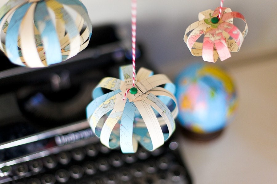 Paper Globes made with Vintage Maps - One of a Kind Wedding Decor- Set of 3.