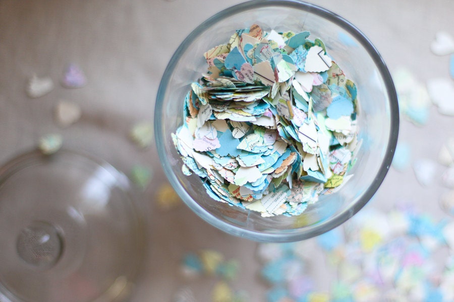 Vintage Style Wedding Confetti created from Maps. Unique Wedding Decor