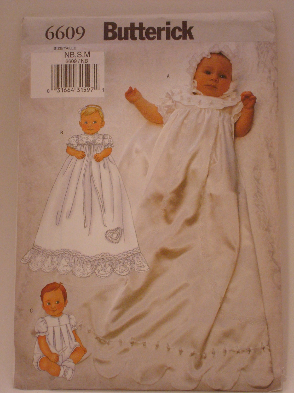Butterick Sewing Pattern 6609 Infant Baby Newborn - Heirloom Christening Gowns Jumpsuit and Bonnet - NB, S, M - New - UNCUT