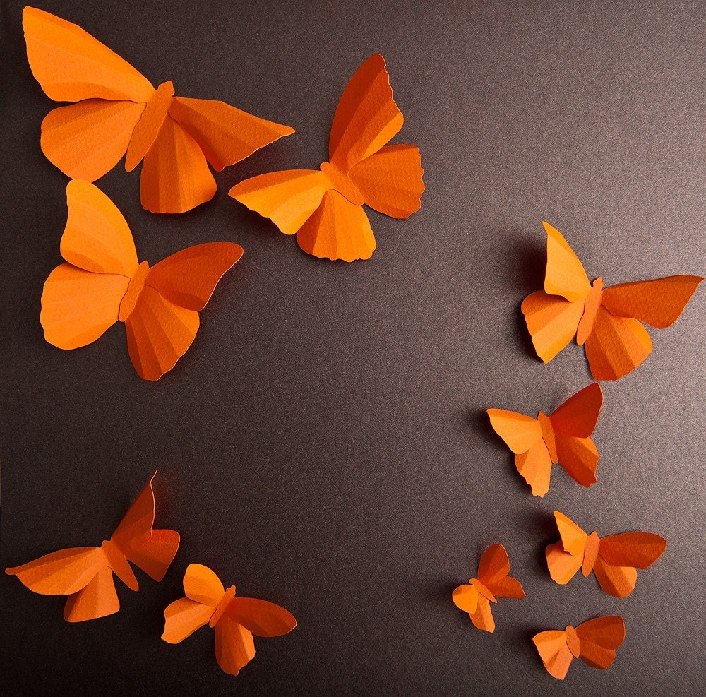 3D Wall Butterflies, 20 Pumpkin Orange Butterfly Silhouettes for Girls Room, Nursery, and Home Art Decor