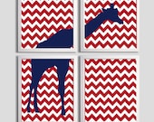 Boys Nursery Art Chevron Navy Red Giraffe set of 4 prints each 8x10