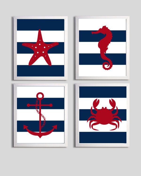 Nursery Art Stripes Nautical Beach Ocean Sea Navy Red more colors available set of 4 each 8x10