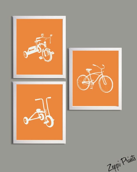 Nursery Art Orange Tricycles and Bicycle set of 3 each 11x14 sl6