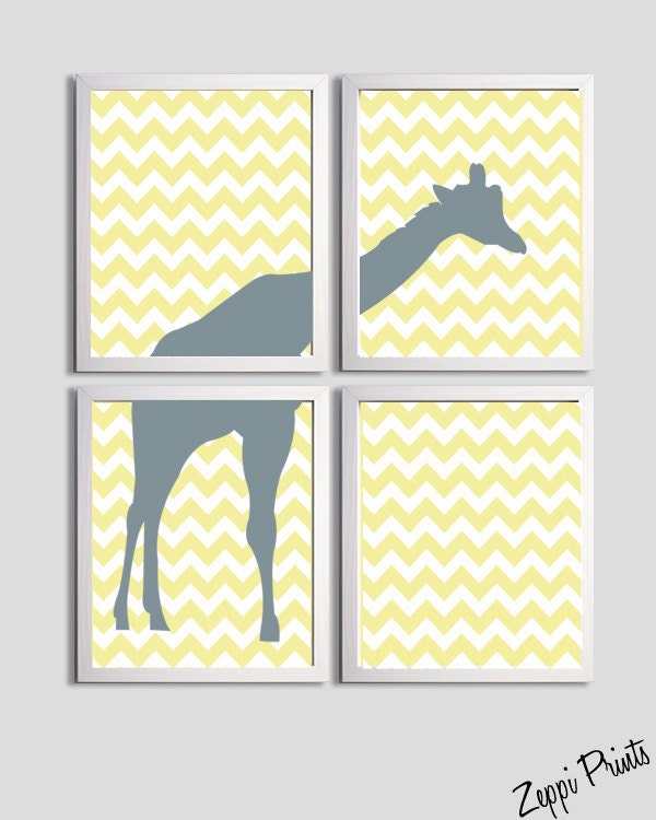 Nursery Boy Art Chevron Yellow Grayl Giraffe set of 4 prints each 8x10