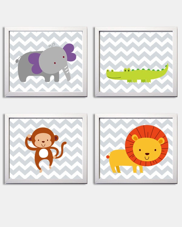 Nursery Art Chevron Zoo Jungle Safari Boy Girl Gray Animals set of 4 each 11x14