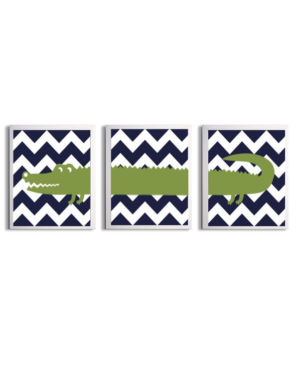 Nursery Girl Boy Art Alligator Chevron Green Navy Zoo Safari Jungle Wetlands Set of 3 each 8x10