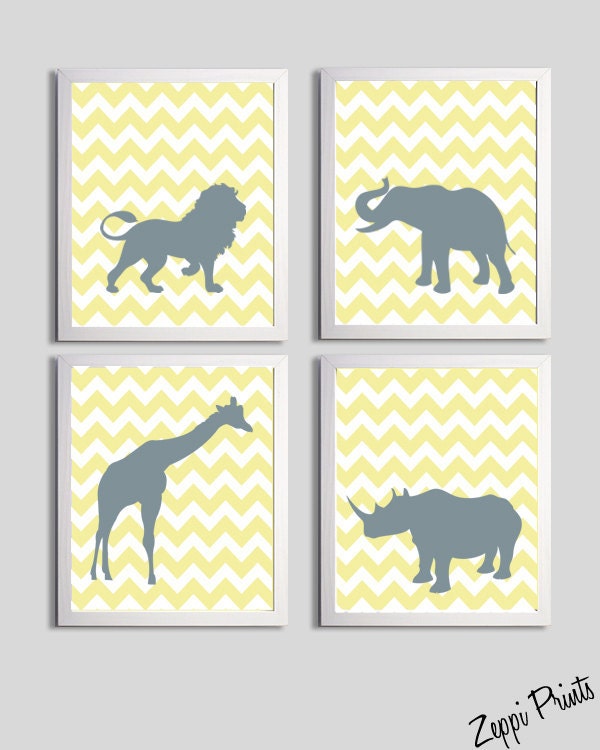Kids Wall Art Chevron Yellow Gray Safari Animals set of 4 each 11x14 de3