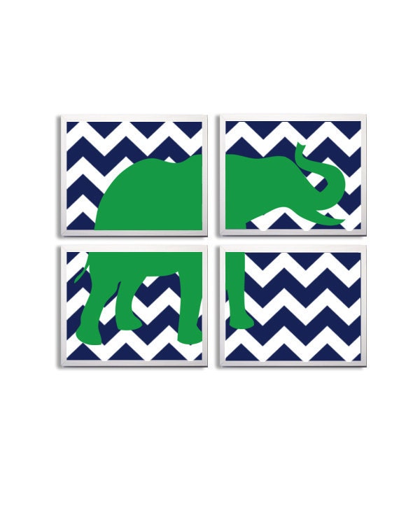 Nursery Art Chevron Boy Girl Elephant Safari Zoo Circus Jungle Kelly Green Navy set of 4 prints each 11x14