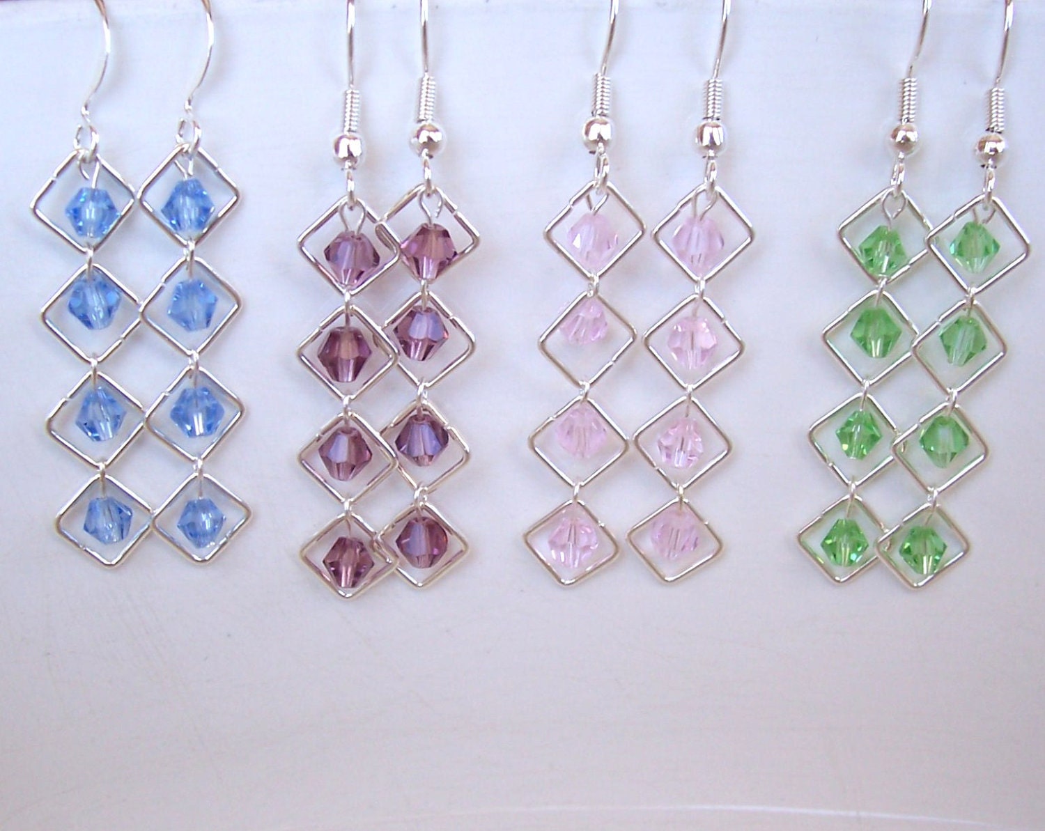 Silver Square Jump Rings with Crystal Beads in Blue, Purple, Pink, or Green
