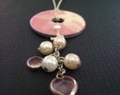 Reversible washer pendant necklace with pink floral paper and dangly beads