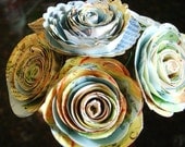Tiny 1"-1 1/2" spiral roses made from vintage atlas maps on stems wedding decorations
