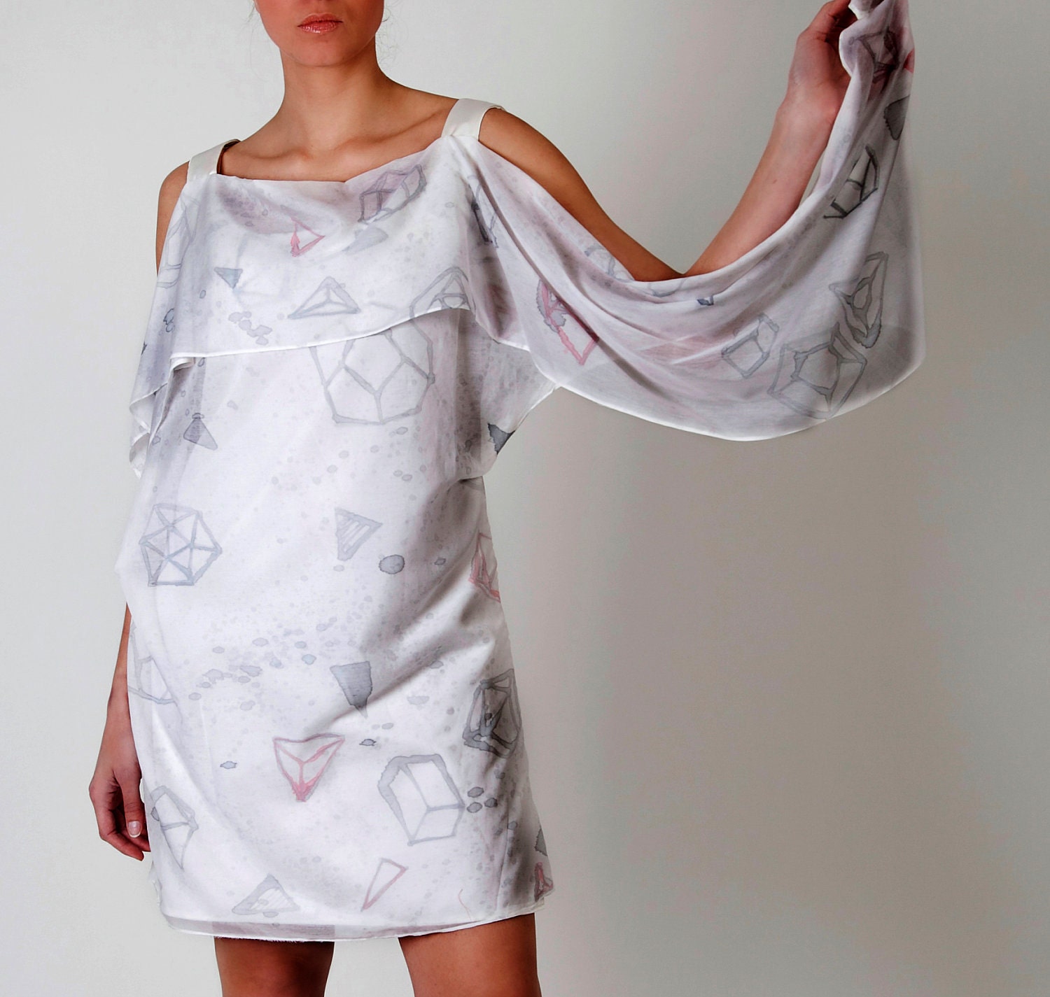 Summer dress white hand painted geometric small medium-ready to ship-