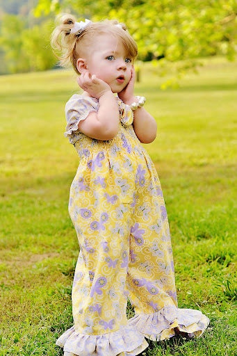 Girls - Peasant Romper - Yellow and Lavender - Size 2T ready to ship - Sizes 3 mo 6 mo 9 mo 1 2 3 4 5