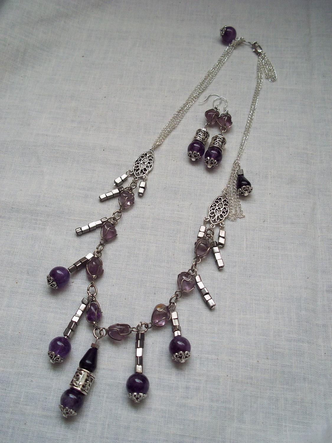 Amethystium - Amethyst, Glass and Metal Royalty Necklace and Earring Set